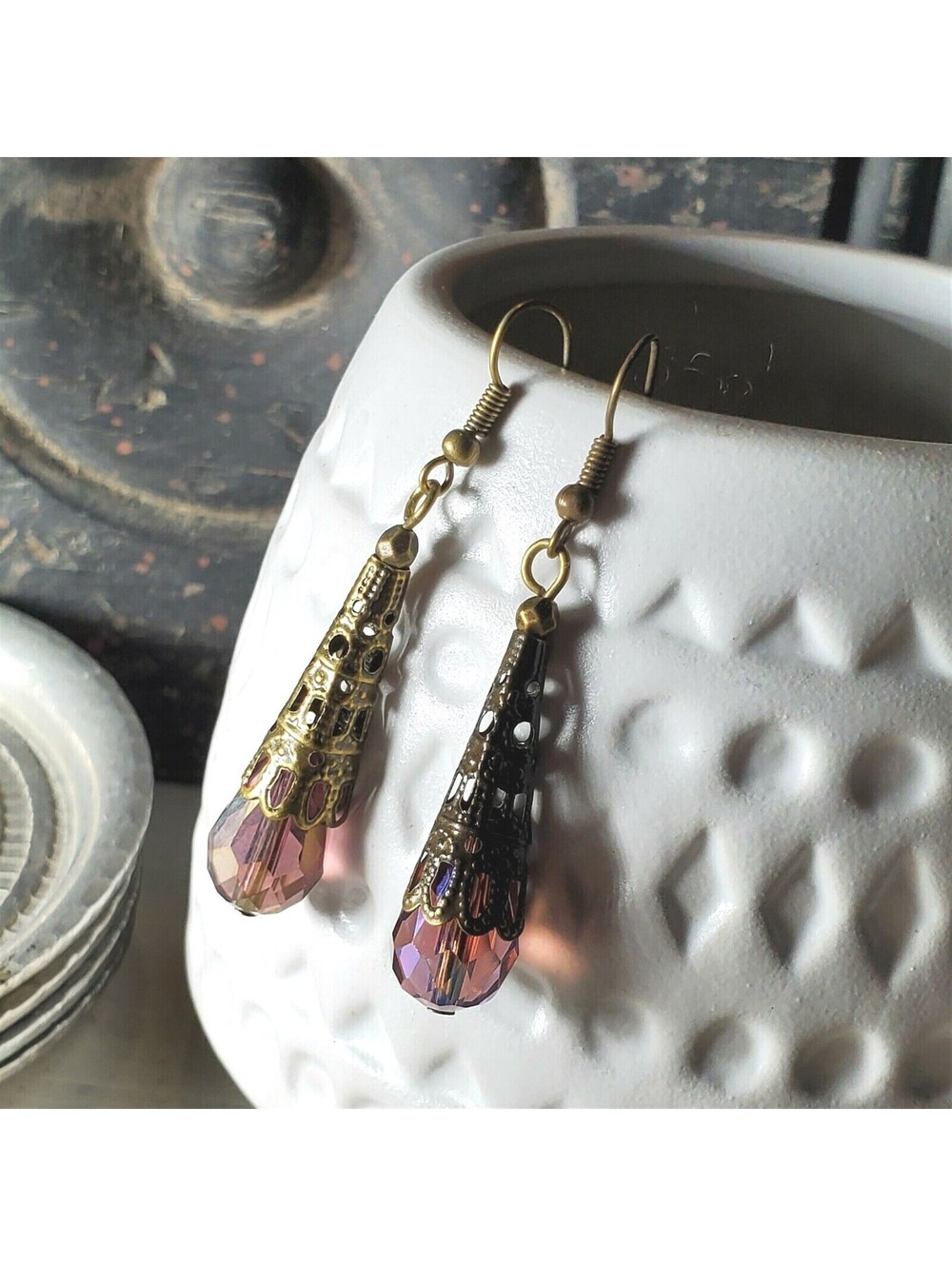Bronze Faceted Crystal Purple Luster Antiqued Filigree Teardrop Earrings